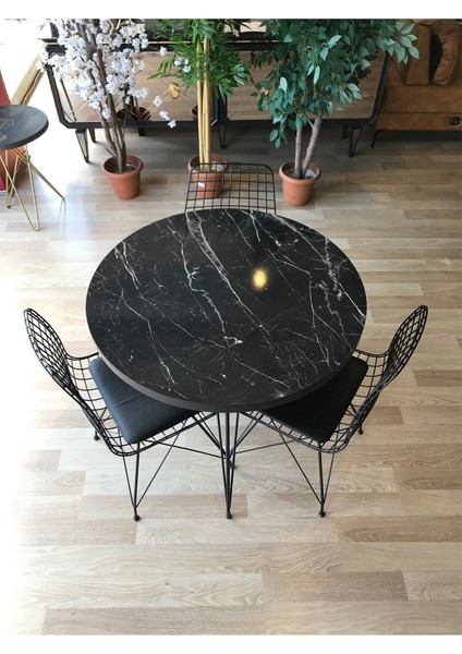 Rovena Balkon Masası -Mutfak Masa Takımı -Yuvarlak + 3 Sandalye Siyah Mermer Çap 90