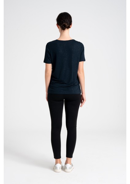 Nokta Varak Baskılı Kadın Tişört, Rahat ve Akıcı %100 Doğal Viskon Kumaş Tshirt, V Yaka LAcivert Tshirt