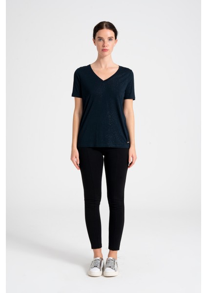 Nokta Varak Baskılı Kadın Tişört, Rahat ve Akıcı %100 Doğal Viskon Kumaş Tshirt, V Yaka LAcivert Tshirt modelleri