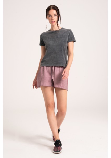 Vintage Effect Yağ Yıkama (Dirty Oil) Kadın Tshirt, Antrasit, Yuvarlak Yaka Slim Tişört