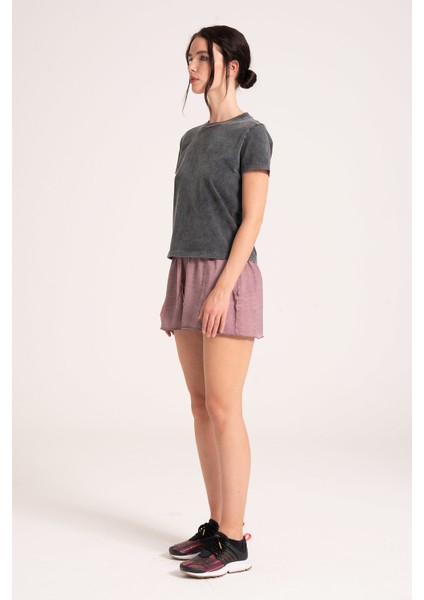 Vintage Effect Yağ Yıkama (Dirty Oil) Kadın Tshirt, Antrasit, Yuvarlak Yaka Slim Tişört modelleri