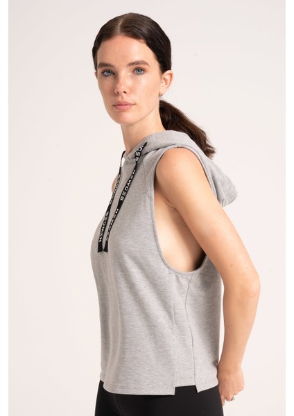 Kapüşonlu Kolsuz Rahat Fit Kadın Sweatshirt, Yüksek Kalite Pamuklu Gri Melanj Sweatshirt