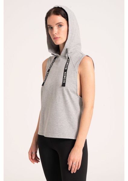 Kapüşonlu Kolsuz Rahat Fit Kadın Sweatshirt, Yüksek Kalite Pamuklu Gri Melanj Sweatshirt fiyatları