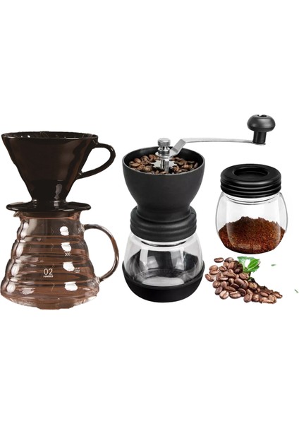 V60 Dripper Cam Kahve Sürahisi Değirmen Set