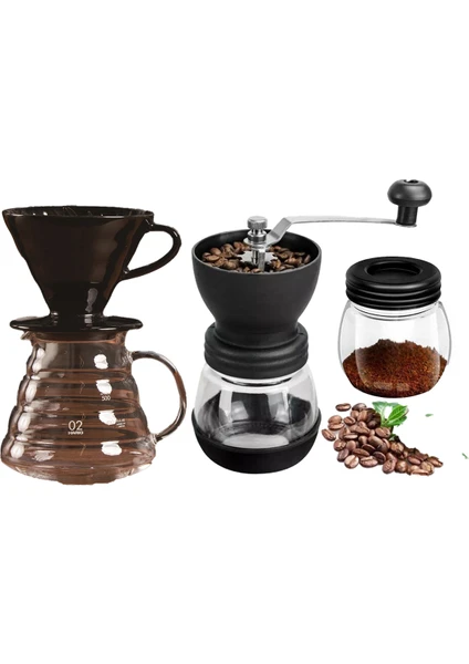 Grossberg Coffee V60 Dripper Cam Kahve Sürahisi Değirmen Set