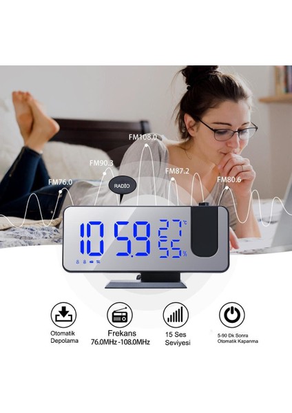 Çok Fonksiyonlu Masaüstü Saat (Fm Radio Alarm Projeksiyon Sıcaklık Alarm)