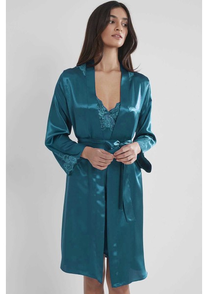 2'li 4050 Zümrüt Bayan Saten Gecelik Sabahlık Takımı modelleri