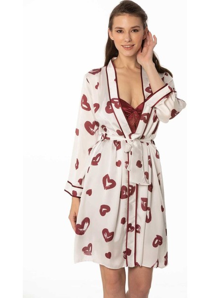 2'li 2406 Bordo Bayan Saten Gecelik Sabahlık Takımı