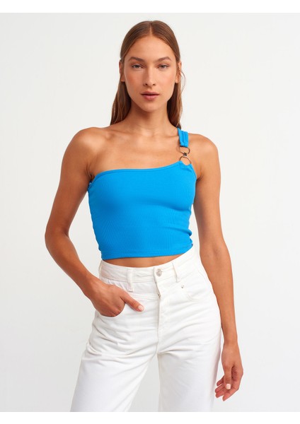 3781 Tek Omuzlu Crop Top-Açık Saks