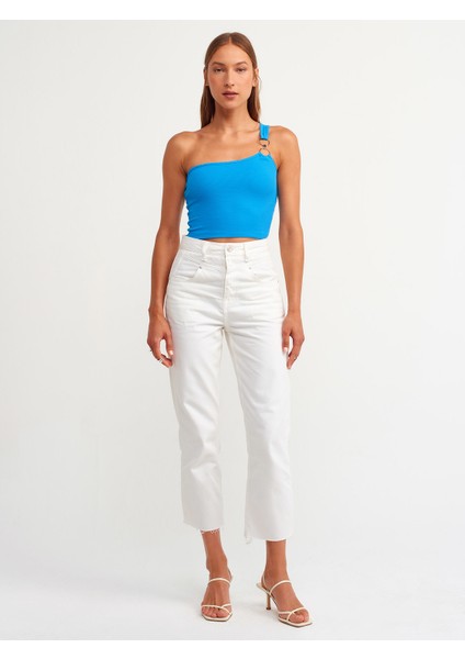 3781 Tek Omuzlu Crop Top-Açık Saks