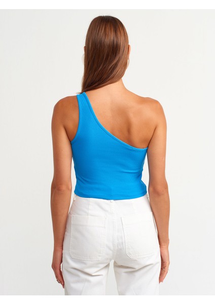3781 Tek Omuzlu Crop Top-Açık Saks