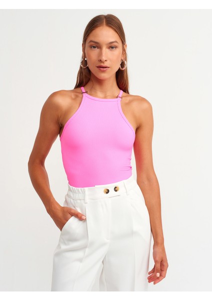 3804 Aksesuarlı Crop Top-Neon Pembe