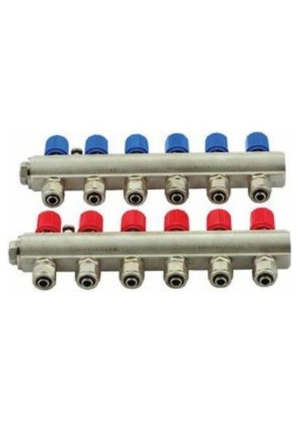 1" Kendinden Vanalı Kollektör 6 Ağızlı Set (Kırmızı - Mavi)