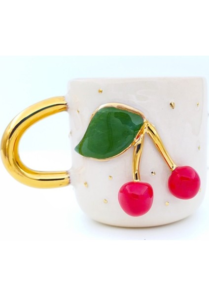 24 Ayar Altın Işlemeli Kiraz Figürlü %100 El Yapımı Duble Türk Kahvesi Fincanı