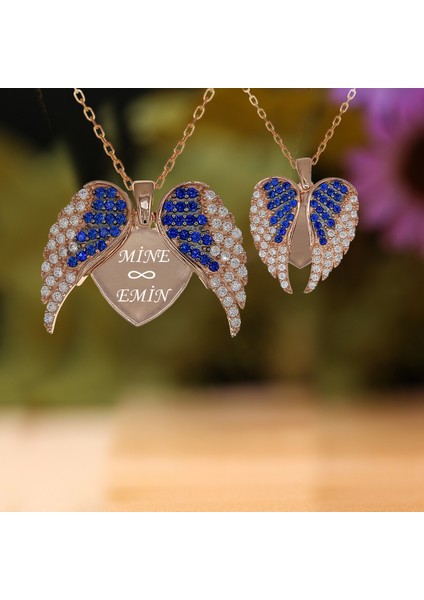 Safir Beyaz Taşlı Kişiye Özel İsimli Melek Kanadı Gümüş Kolye