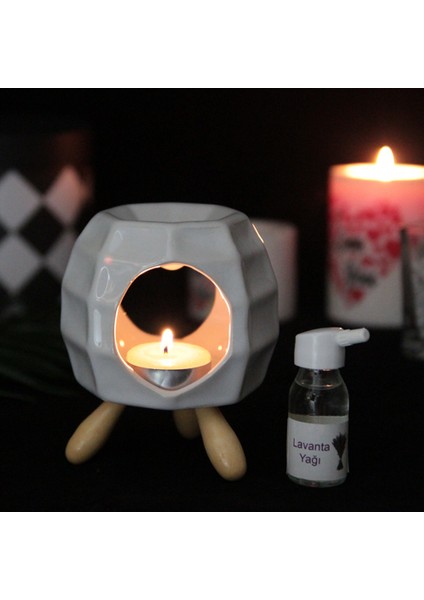 Buhurdanlık Seramik Beyaz Ahşap Ayaklı & Buhur Koku Mum Set