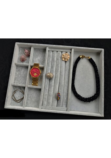 Yeni Süet Gri Yüzük-Küpe-Bileklik-Kolye Takı Kutusu (Aydındecor)