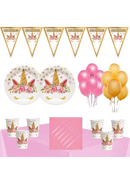 Unicorn Çiçekli Tema Doğum Günü Parti Seti Ekonomik Süsler 16 Kişilik