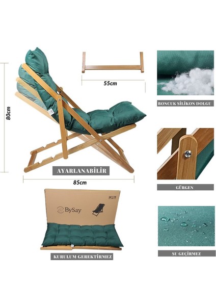 Ahşap Katlanabilir Taşınır Puf Minderli Şezlong. Plaj, Bahçe, Teras, Balkon Için (Haki) fırsatları