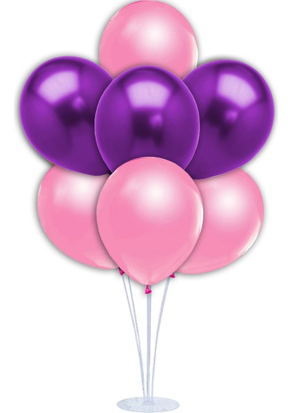 Balon Standlı, 7 Adet - Metalik Pembe ve Mor Balon