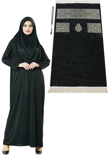 Siyah Namaz Elbisesi - Kabe Motifli Seccade ve Tesbih - Ibadet Seti