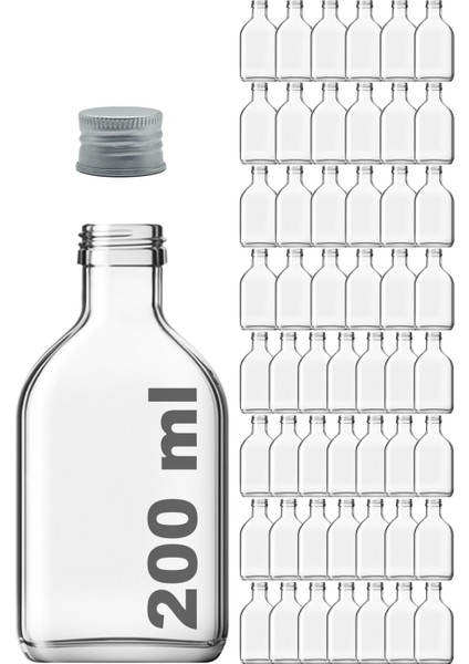 200 cc Cold Brew Şeffaf 200 ml Sızdırmaz Gümüş Plastik Kapaklı Yassı Cam Şişe (Soğuk Kahve) 52 Adet