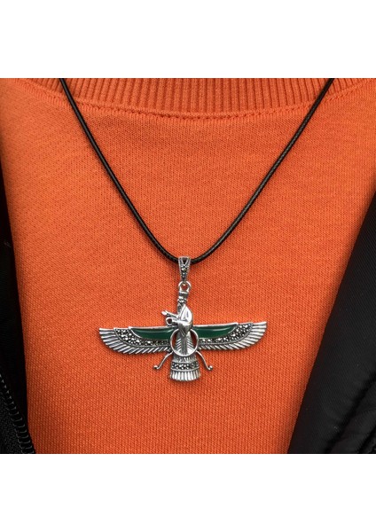 Zümrüt ve Markazit Taşlı Büyük Boy Unisex Ahura Mazda Gümüş Kolye