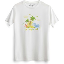 Alfa Tshirt Palmiye Resimli Baskılı Beyaz Tshirt