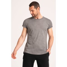 Yüksek Kalite %100 Pamuk Kumaş Arkası Uzun Erkek Tişört, Regular Fit Yağ Yıkama (Dirty Oil) Gri Tshirt