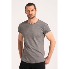 Yüksek Kalite %100 Pamuk Kumaş Arkası Uzun Erkek Tişört, Regular Fit Yağ Yıkama (Dirty Oil) Gri Tshirt