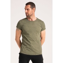 Yüksek Kalite %100 Pamuk Kumaş Arkası Uzun Erkek Tişört, Regular Fit Yağ Yıkama (Dirty Oil) Yeşil Tshirt