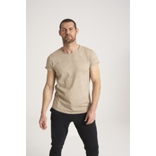 Yüksek Kalite %100 Pamuk Kumaş Arkası Uzun Erkek Tişört, Regular Fit Yağ Yıkama (Dirty Oil) Sand Tshirt NEWCES-5000-SA