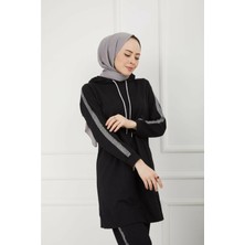 Cng Moda Kadın Kapüşonlu Kol Şeritli Eşofman Takımı