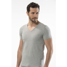 Cacharel 1306 V Yaka Kısa Kollu Erkek T-Shirt - Gri Melanj
