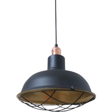 Rys Tasarım Rys Retro Metal Siyah Dekoratif Bakır Duylu Kafesli Siyah Içi Gold Kafe Mutfak Avize Çap:30 cm