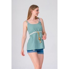 Narina Şile Bezi Kumaşından Ince Askılı Kol Yazlık Bisiklet Yaka Omuzu Beli Püsküllü