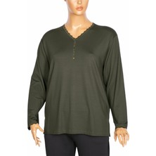 Hermevsim Ptr Kadın Sıla Battal V Yakası Kolu Dantelli Haki Bluz