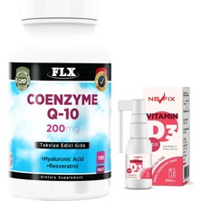 FLX Coenzyme Koenzim Q-10 200 Mg Hyaluronik Asit Resveratrol 180 Tablet & Nevfix Vitamin D3 Sıvı Sprey