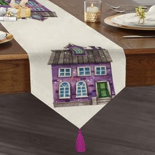 Real Homes Minyatür Mor Ev Çizimli Dijital Baskılı Modern Püsküllü Şönil Üçgen Runner