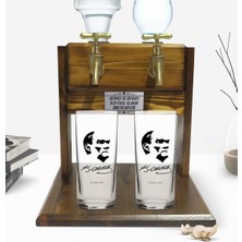 BK Kişiye Özel Renkli Baskılı Atatürk Tasarımlı Ikili Rakı Bardağı ve Çift Musluklu Doğal Ahşap Rakı Standı-24