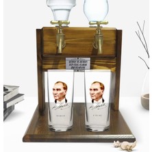 BK Kişiye Özel Renkli Baskılı Atatürk Tasarımlı Ikili Rakı Bardağı ve Çift Musluklu Doğal Ahşap Rakı Standı-15