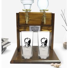 BK Kişiye Özel Renkli Baskılı Atatürk Tasarımlı Ikili Rakı Bardağı ve Çift Musluklu Doğal Ahşap Rakı Standı-13