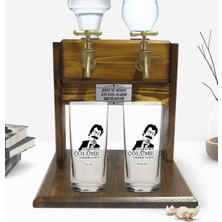 BK Kişiye Özel Renkli Baskılı Çünkü Sen Çölüme Yağmur Oldun Tasarımlı Ikili Rakı Bardağı ve Çift Musluklu Doğal Ahşap Rakı Standı-1