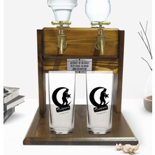 BK Kişiye Özel Renkli Baskılı Atatürk Tasarımlı Ikili Rakı Bardağı ve Çift Musluklu Doğal Ahşap Rakı Standı-32