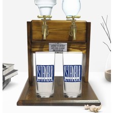 BK Kişiye Özel Renkli Baskılı Istanbul Tasarımlı Ikili Rakı Bardağı ve Çift Musluklu Doğal Ahşap Rakı Standı-2