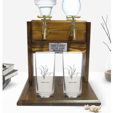 BK Kişiye Özel Renkli Baskılı Isimli Ikili Rakı Bardağı ve Çift Musluklu Doğal Ahşap Rakı STANDI-100