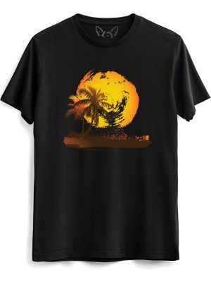 Alfa Tshirt Palmiye Baskılı Siyah Tshirt