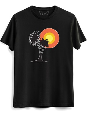 Alfa Tshirt Palmiye Resimli Baskılı Siyah Tshirt