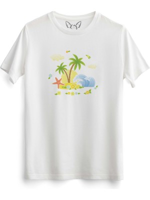 Alfa Tshirt Palmiye Resimli Baskılı Beyaz Tshirt