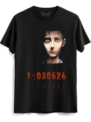 Alfa Tshirt Steins;gate Tasarımlı Baskılı Siyah Tshirt